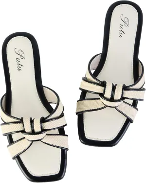 Putu Women's Flat Sandals Square Toe Slide Sandals Braided Sandals for Vacation