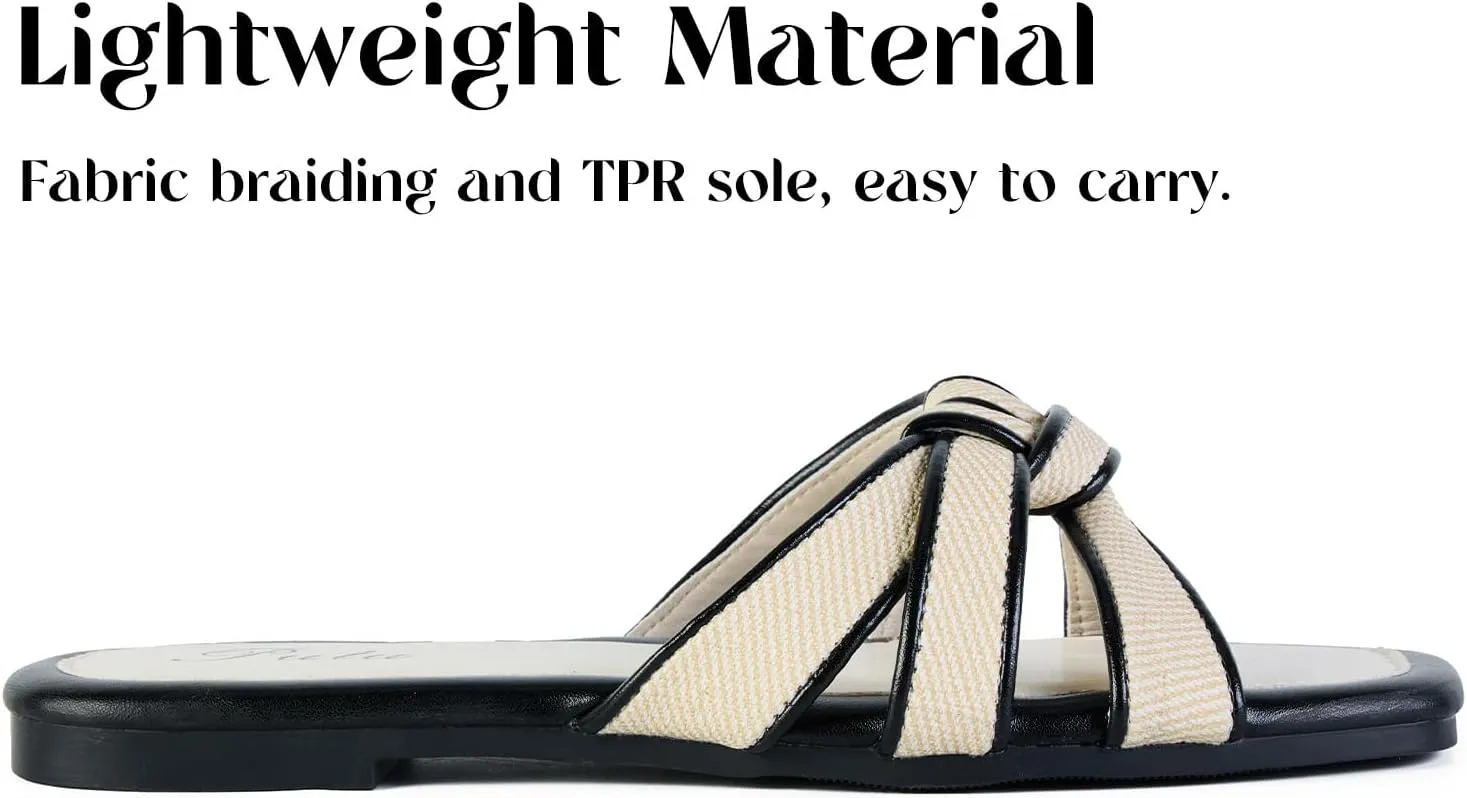 Putu Women's Flat Sandals Square Toe Slide Sandals Braided Sandals for Vacation