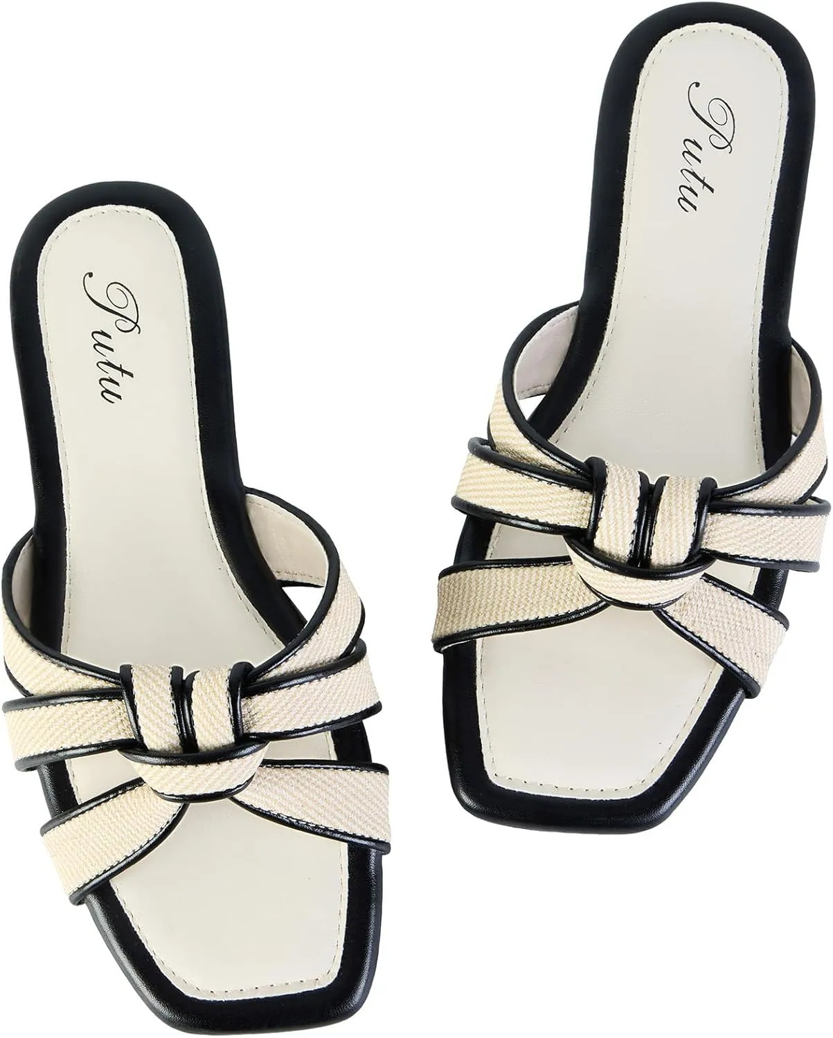 Putu Women's Flat Sandals Square Toe Slide Sandals Braided Sandals for Vacation