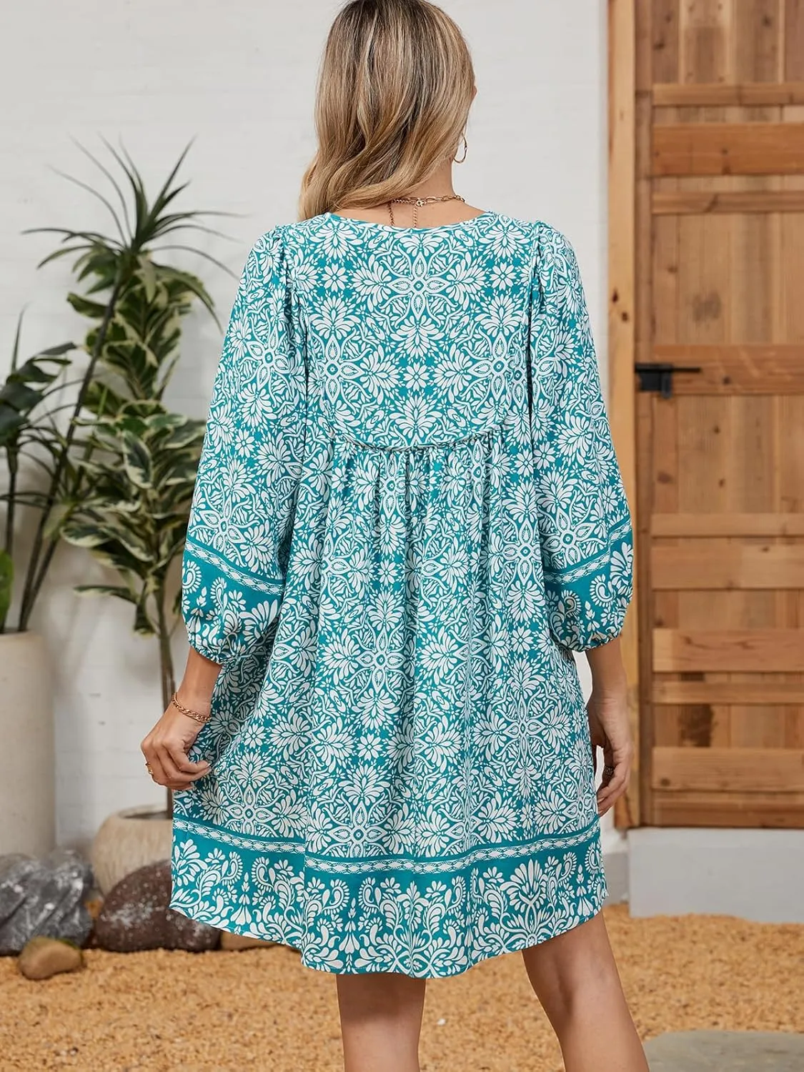Qearal Womens Casual V Neck 3/4 Sleeve Boho Floral Printed Loose Short Mini Summer Beach Dress