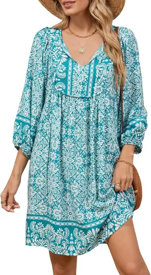 Qearal Womens Casual V Neck 3/4 Sleeve Boho Floral Printed Loose Short Mini Summer Beach Dress