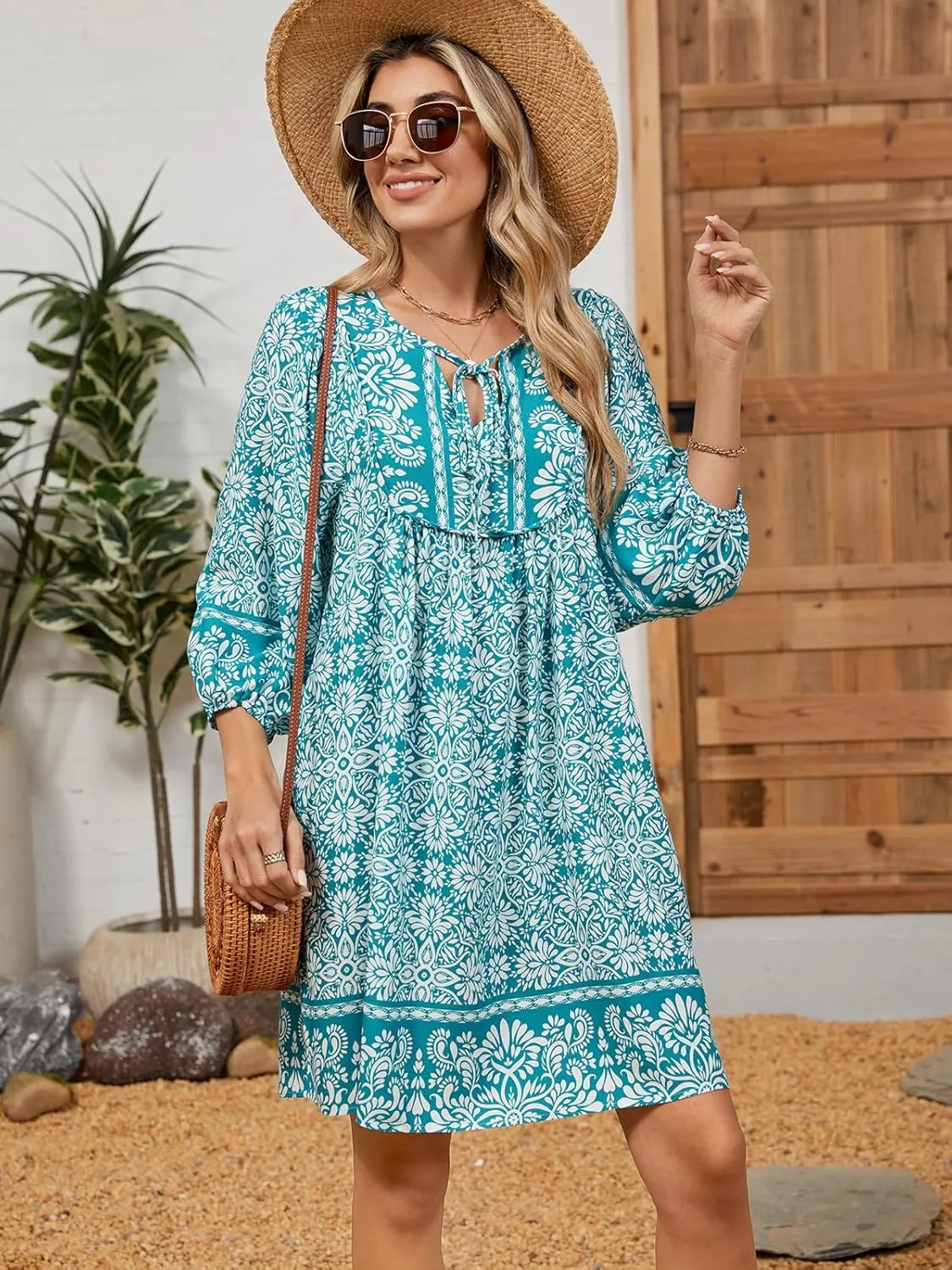 Qearal Womens Casual V Neck 3/4 Sleeve Boho Floral Printed Loose Short Mini Summer Beach Dress