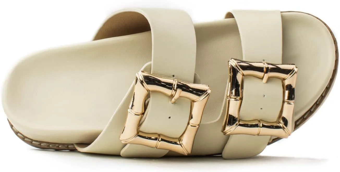 RF ROOM OF FASHION Women's Double Band with Adjustable Square Buckle Footbed Slide Sandals