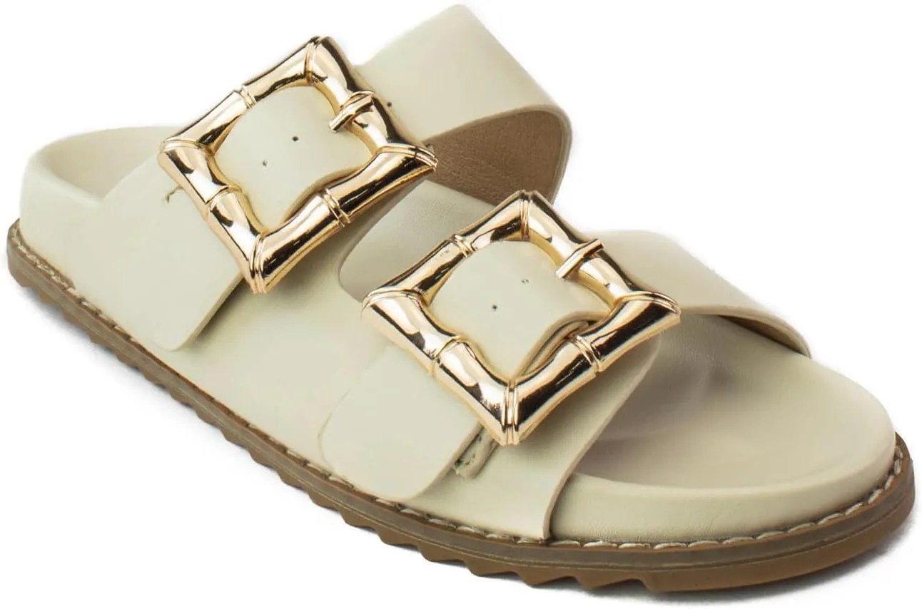RF ROOM OF FASHION Women's Double Band with Adjustable Square Buckle Footbed Slide Sandals