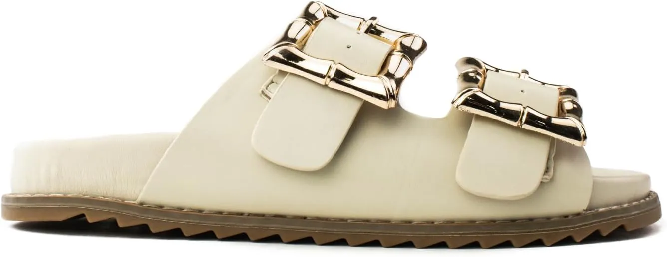 RF ROOM OF FASHION Women's Double Band with Adjustable Square Buckle Footbed Slide Sandals