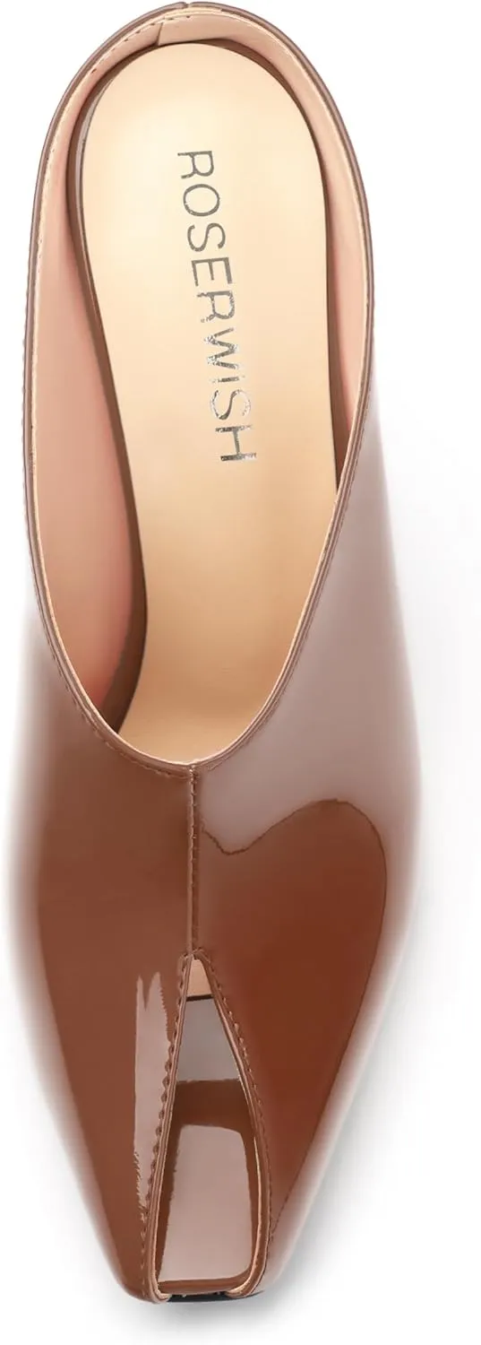 ROSERWISH Heeled Mules for Woman High Heel Mules Slip on Casual Slide Mules Square Toe Stiletto Heels Patent Comfortable Fashion Dress Shoes
