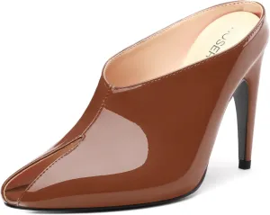ROSERWISH Heeled Mules for Woman High Heel Mules Slip on Casual Slide Mules Square Toe Stiletto Heels Patent Comfortable Fashion Dress Shoes