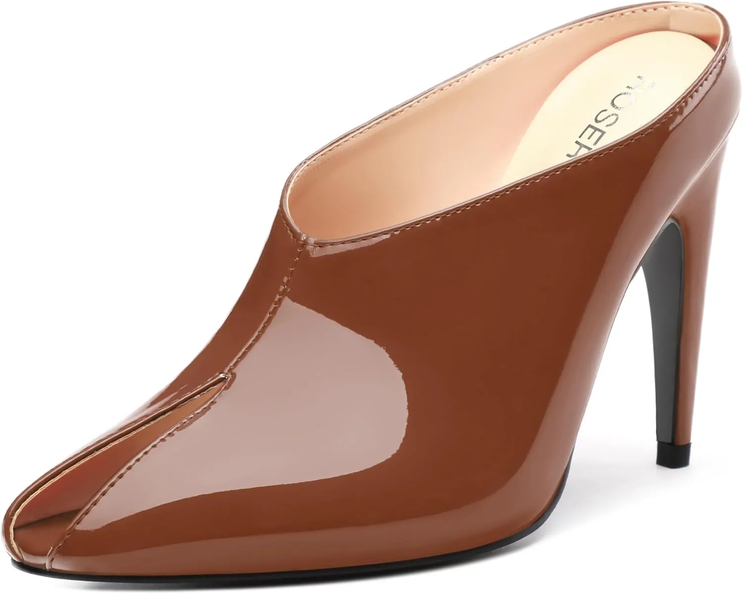 ROSERWISH Heeled Mules for Woman High Heel Mules Slip on Casual Slide Mules Square Toe Stiletto Heels Patent Comfortable Fashion Dress Shoes