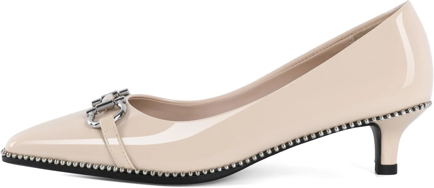 SAMMITOP Women Kitten Heel Pumps Pointed Toe Low Heels Slip On Silver Beaded Metal Buckle Wedding Party Dress Shoes 1.5 Inch