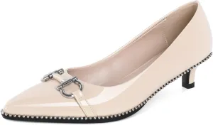 SAMMITOP Women Kitten Heel Pumps Pointed Toe Low Heels Slip On Silver Beaded Metal Buckle Wedding Party Dress Shoes 1.5 Inch