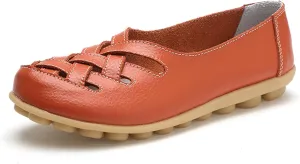 Sandals for Women 2025 Breathable Leather Loafers Hollow Soft-Soled Wedges Comfortable Cowhide Leather Shoes Orange
