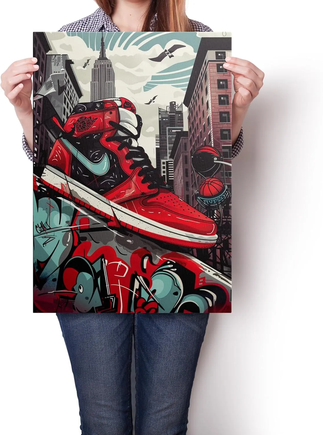 Sendata Framed Trendy Cool Banksy Graffiti Pop Sneaker Shoe Canvas Wall Art Gym Sports Decor Poster For Living Room Bedroom Home Office Artwork Gift Ready To Hang (16''X24'')