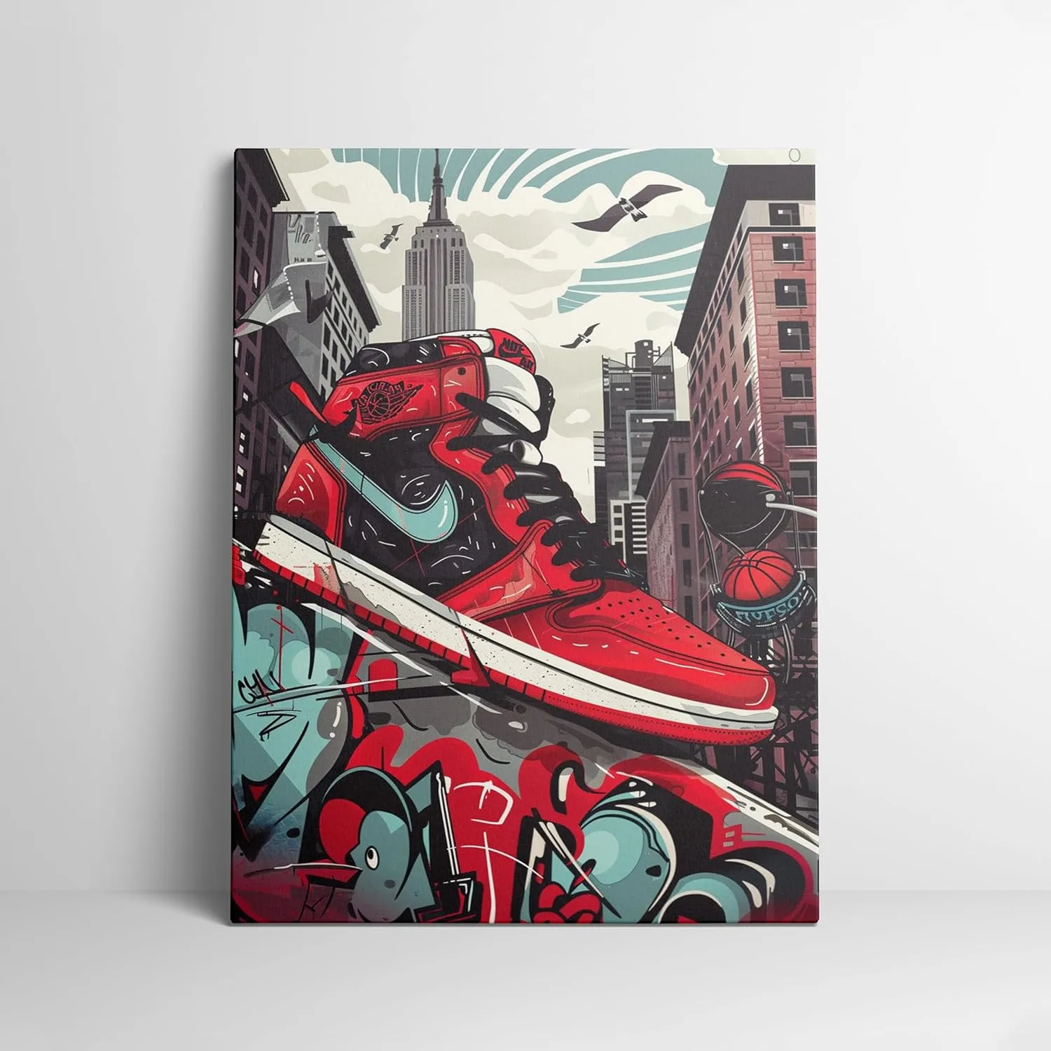 Sendata Framed Trendy Cool Banksy Graffiti Pop Sneaker Shoe Canvas Wall Art Gym Sports Decor Poster For Living Room Bedroom Home Office Artwork Gift Ready To Hang (16''X24'')