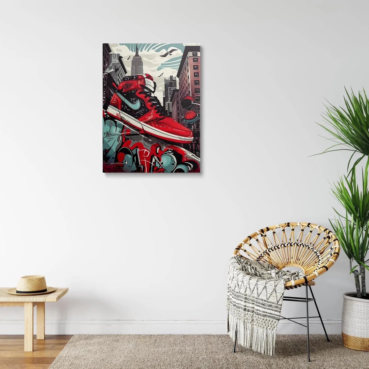 Sendata Framed Trendy Cool Banksy Graffiti Pop Sneaker Shoe Canvas Wall Art Gym Sports Decor Poster For Living Room Bedroom Home Office Artwork Gift Ready To Hang (16''X24'')