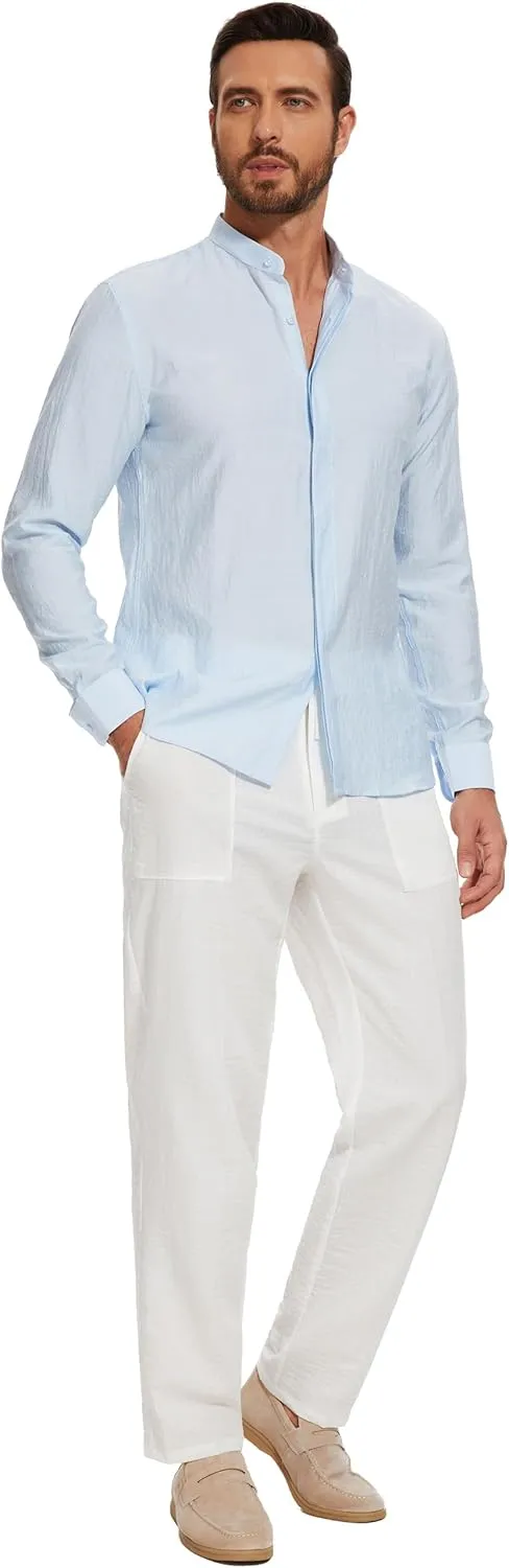 SEVEGO Mens Casual Linen Pants 30''/32''/34''/36'' Elastic Waist Drawstring Straight-Legs Summer Beach Loose Fit Trouser