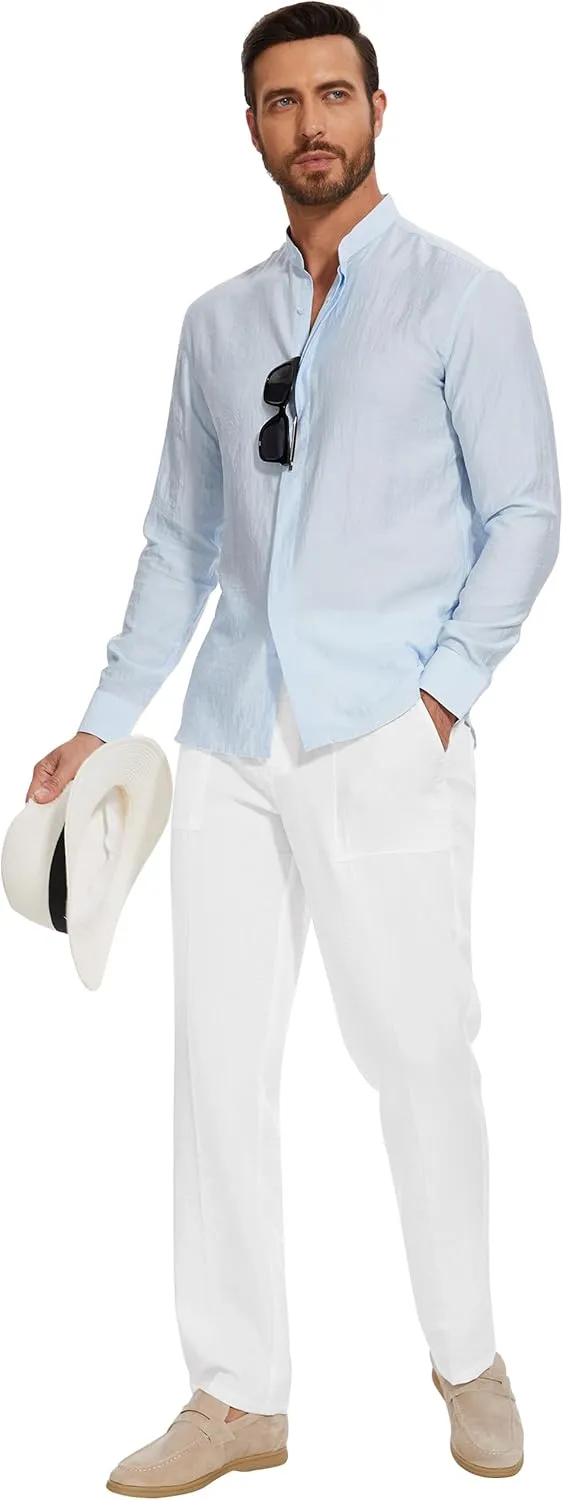 SEVEGO Mens Casual Linen Pants 30''/32''/34''/36'' Elastic Waist Drawstring Straight-Legs Summer Beach Loose Fit Trouser