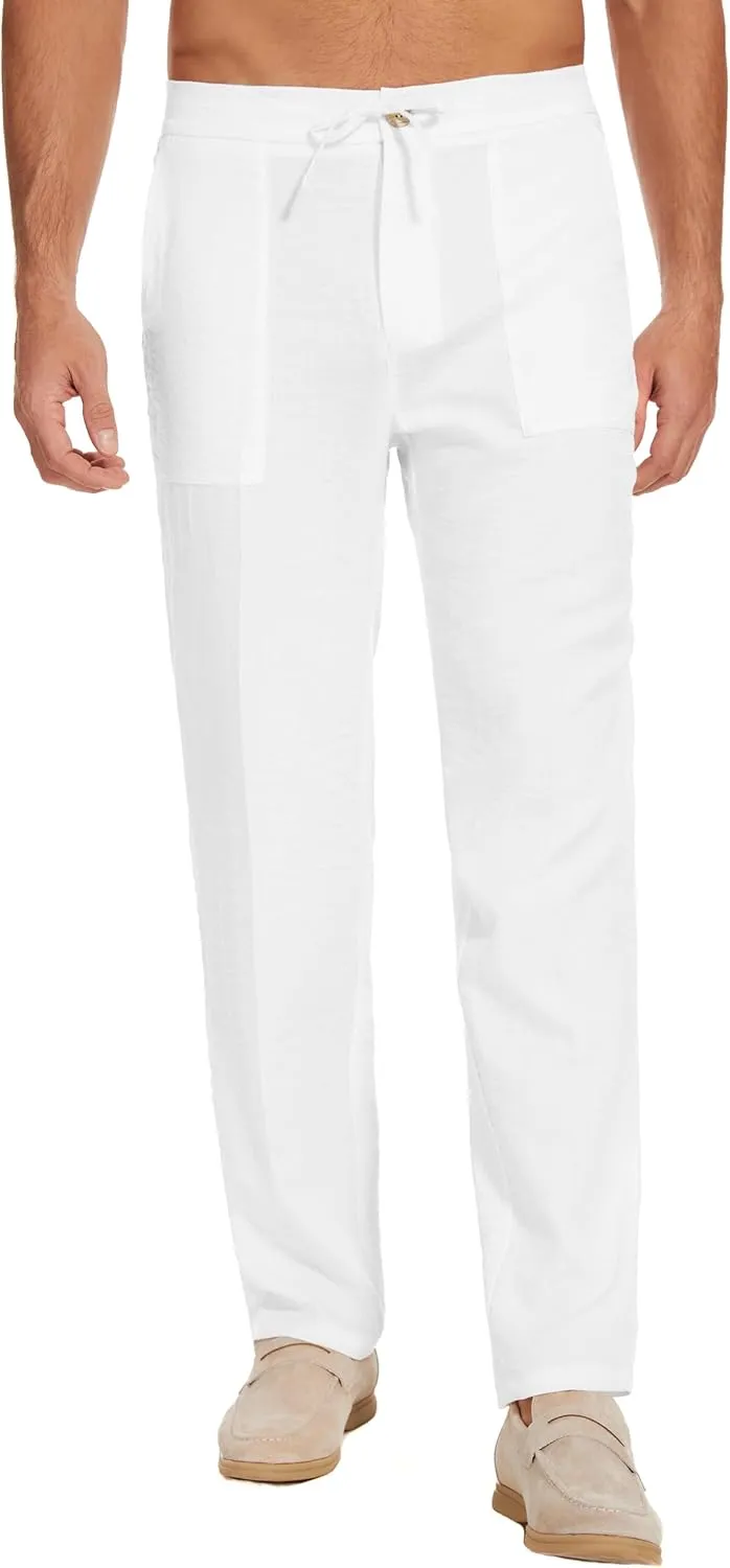 SEVEGO Mens Casual Linen Pants 30''/32''/34''/36'' Elastic Waist Drawstring Straight-Legs Summer Beach Loose Fit Trouser