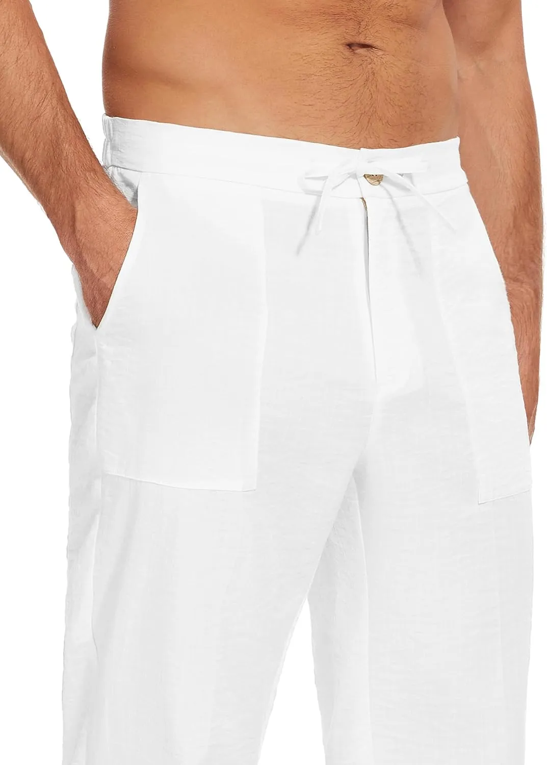 SEVEGO Mens Casual Linen Pants 30''/32''/34''/36'' Elastic Waist Drawstring Straight-Legs Summer Beach Loose Fit Trouser