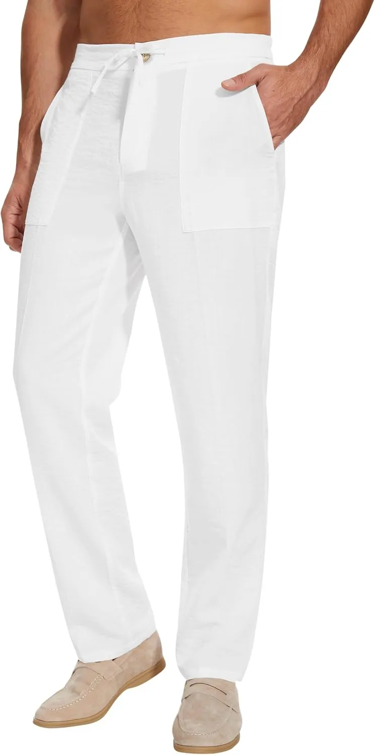 SEVEGO Mens Casual Linen Pants 30''/32''/34''/36'' Elastic Waist Drawstring Straight-Legs Summer Beach Loose Fit Trouser