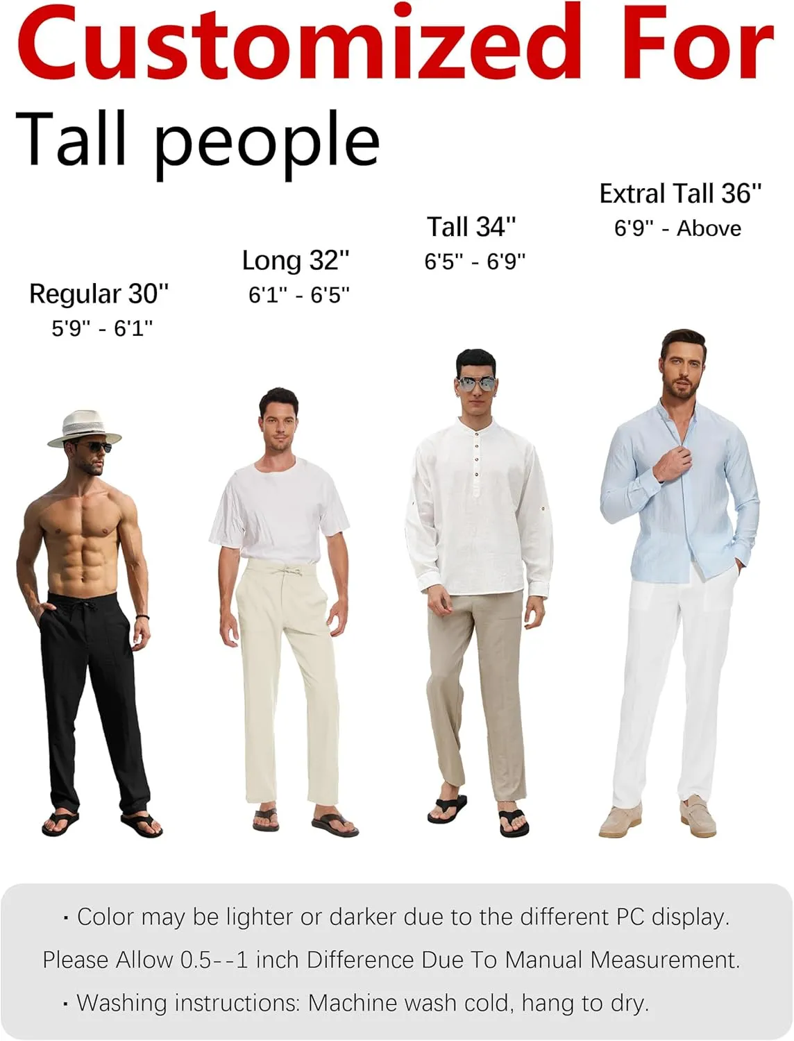 SEVEGO Mens Casual Linen Pants 30''/32''/34''/36'' Elastic Waist Drawstring Straight-Legs Summer Beach Loose Fit Trouser
