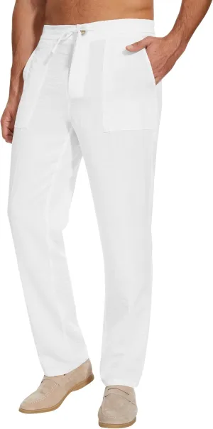 SEVEGO Mens Casual Linen Pants 30''/32''/34''/36'' Elastic Waist Drawstring Straight-Legs Summer Beach Loose Fit Trouser