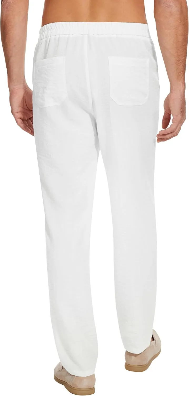 SEVEGO Mens Casual Linen Pants 30''/32''/34''/36'' Elastic Waist Drawstring Straight-Legs Summer Beach Loose Fit Trouser
