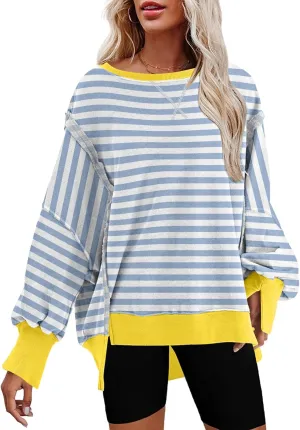SHEWIN Womens Oversized Reverse Seam Sweatshirt Casual Long Sleeve Crewneck Lightweight Pullover Tops Loose Sweatshirts