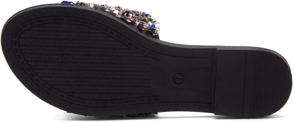 Shoe Land Joli Women's Flat Sandals, Fashion Sparkly Slides, Open Toe Rhinestone Slippers, Glitter Bling Casual Sandals with Cushioned Footbed for Summer, Daily Wear, and Party