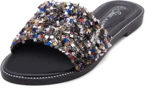 Shoe Land Joli Women's Flat Sandals, Fashion Sparkly Slides, Open Toe Rhinestone Slippers, Glitter Bling Casual Sandals with Cushioned Footbed for Summer, Daily Wear, and Party