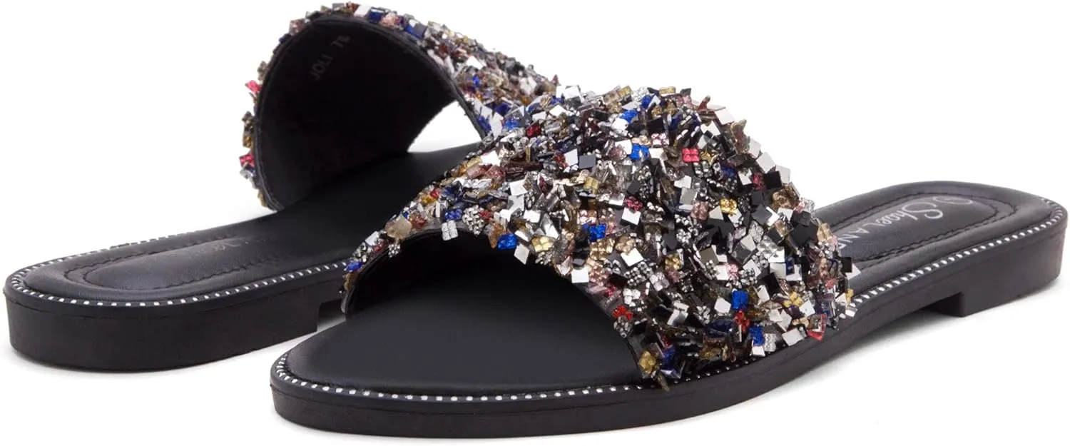 Shoe Land Joli Women's Flat Sandals, Fashion Sparkly Slides, Open Toe Rhinestone Slippers, Glitter Bling Casual Sandals with Cushioned Footbed for Summer, Daily Wear, and Party