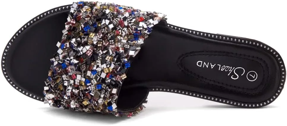 Shoe Land Joli Women's Flat Sandals, Fashion Sparkly Slides, Open Toe Rhinestone Slippers, Glitter Bling Casual Sandals with Cushioned Footbed for Summer, Daily Wear, and Party