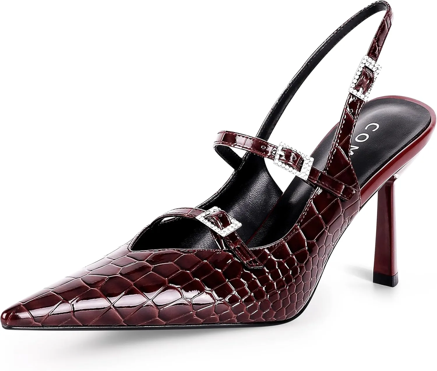 Slingback Kitten Pumps with Flared Heel Closed Pointed Toe Adjustable Strappy Dressy Shoes