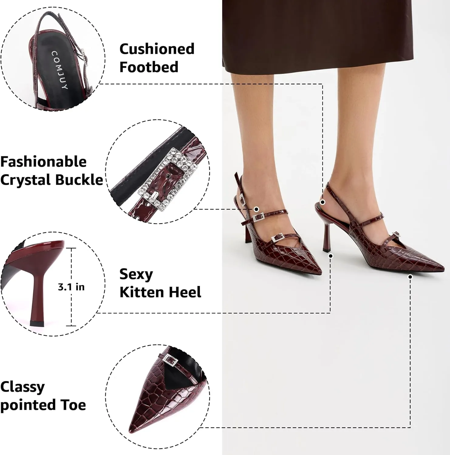 Slingback Kitten Pumps with Flared Heel Closed Pointed Toe Adjustable Strappy Dressy Shoes