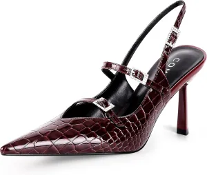Slingback Kitten Pumps with Flared Heel Closed Pointed Toe Adjustable Strappy Dressy Shoes