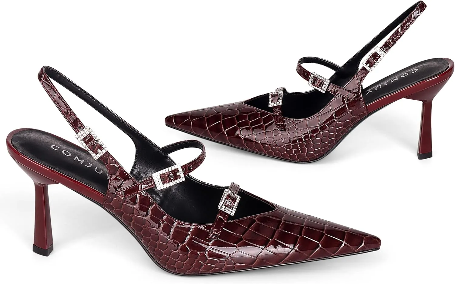 Slingback Kitten Pumps with Flared Heel Closed Pointed Toe Adjustable Strappy Dressy Shoes