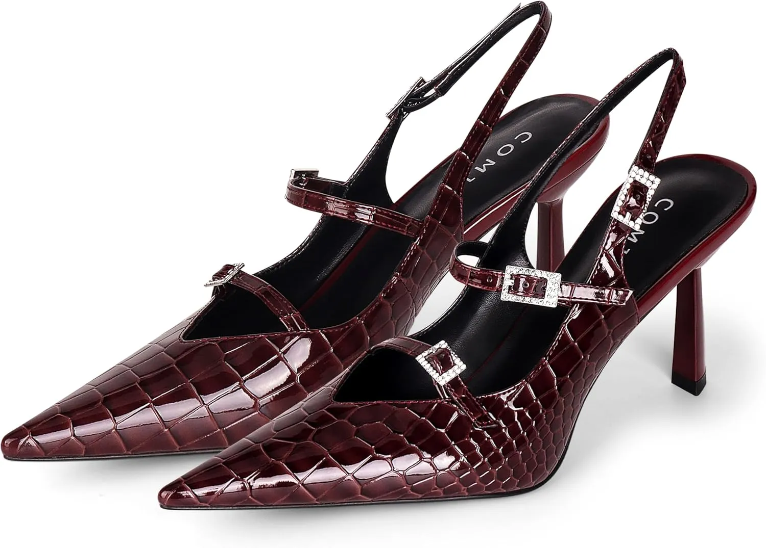 Slingback Kitten Pumps with Flared Heel Closed Pointed Toe Adjustable Strappy Dressy Shoes