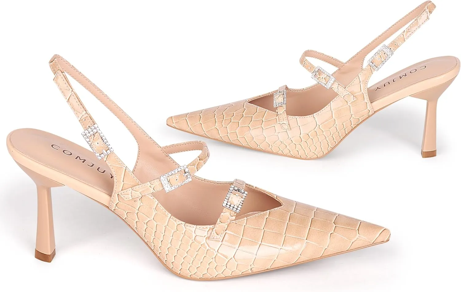 Slingback Kitten Pumps with Flared Heel Closed Pointed Toe Adjustable Strappy Dressy Shoes