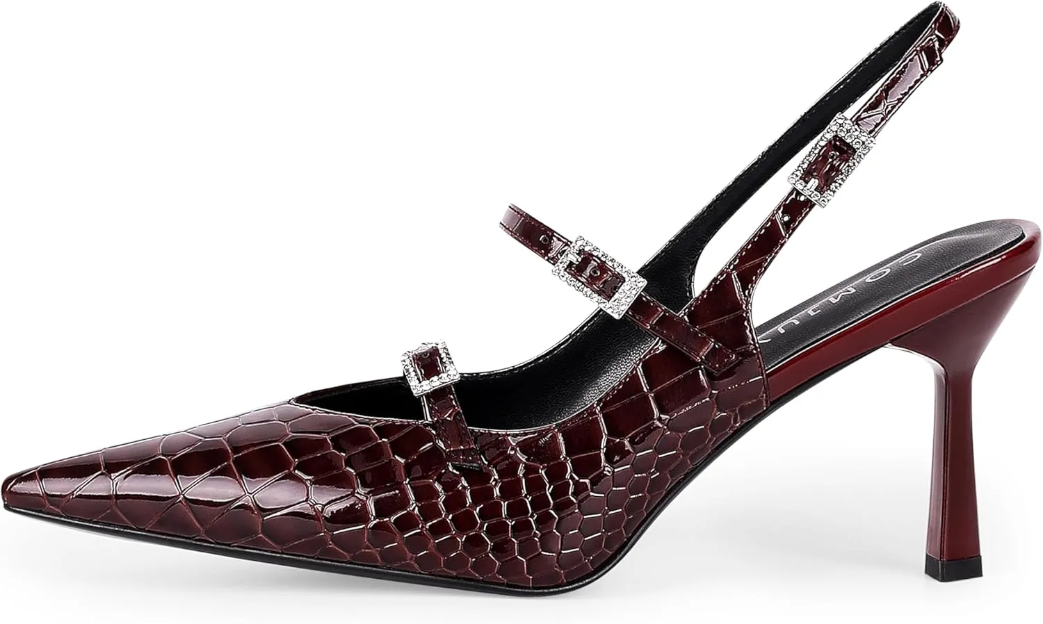 Slingback Kitten Pumps with Flared Heel Closed Pointed Toe Adjustable Strappy Dressy Shoes