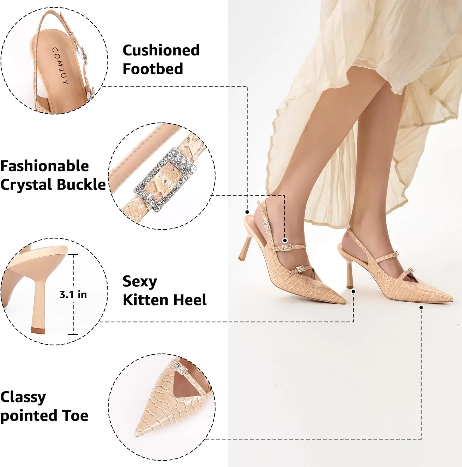 Slingback Kitten Pumps with Flared Heel Closed Pointed Toe Adjustable Strappy Dressy Shoes