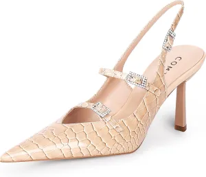 Slingback Kitten Pumps with Flared Heel Closed Pointed Toe Adjustable Strappy Dressy Shoes