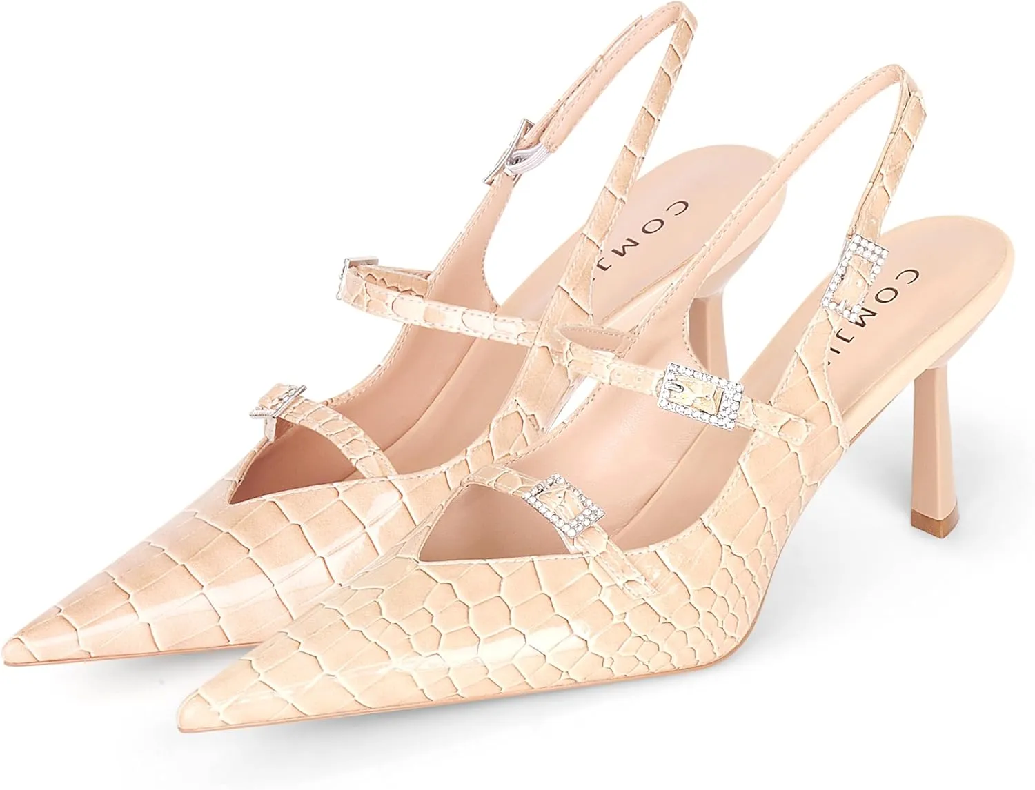 Slingback Kitten Pumps with Flared Heel Closed Pointed Toe Adjustable Strappy Dressy Shoes