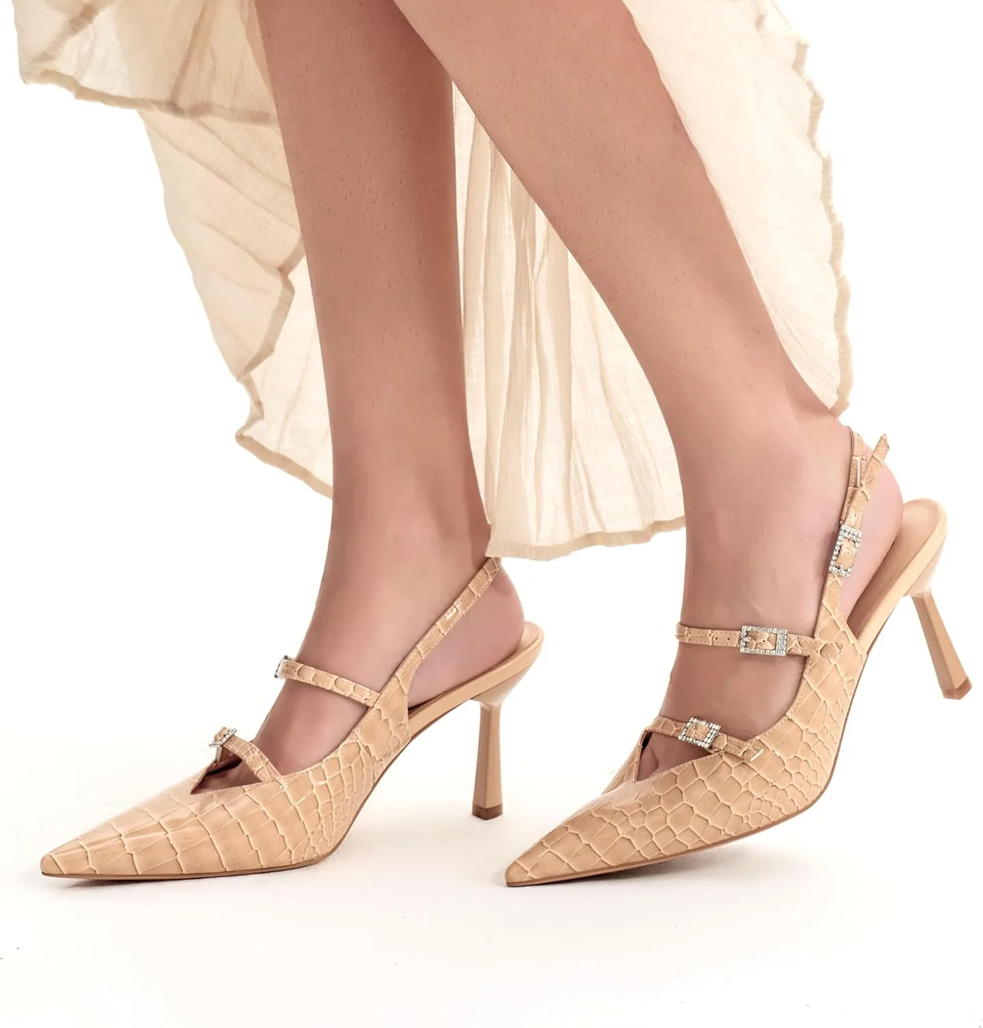 Slingback Kitten Pumps with Flared Heel Closed Pointed Toe Adjustable Strappy Dressy Shoes