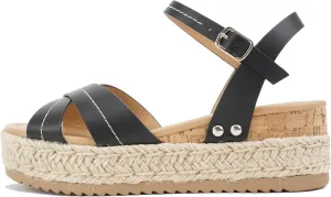 Soda “Abound” ~ Women Round Open Toe Crisscross Band Sandal with Adjustable Ankle Strap