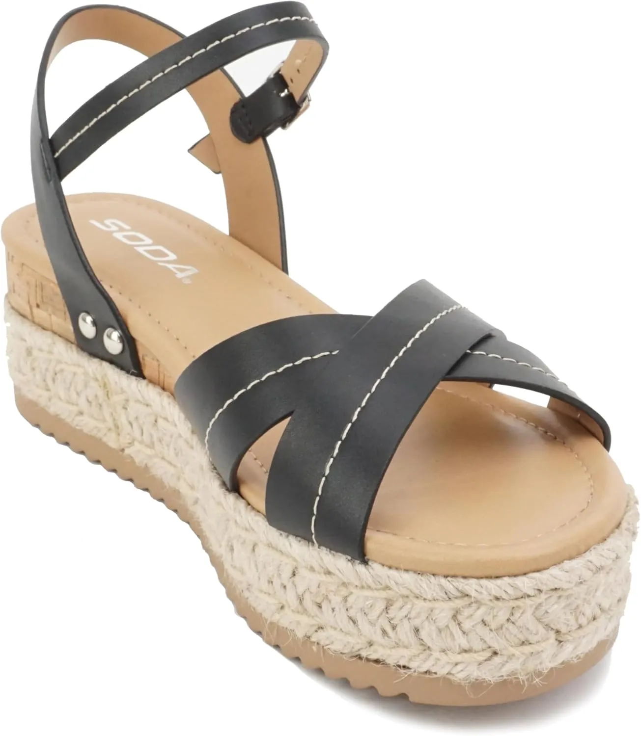 Soda “Abound” ~ Women Round Open Toe Crisscross Band Sandal with Adjustable Ankle Strap