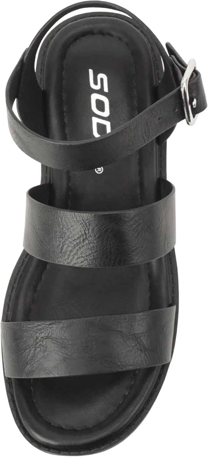 Soda ACCOUNT-2 ~ Little Kids/Children/Girls Open Toe Two Bands Lug sole Fashion Block Heel Sandals with Adjustable Ankle Strap