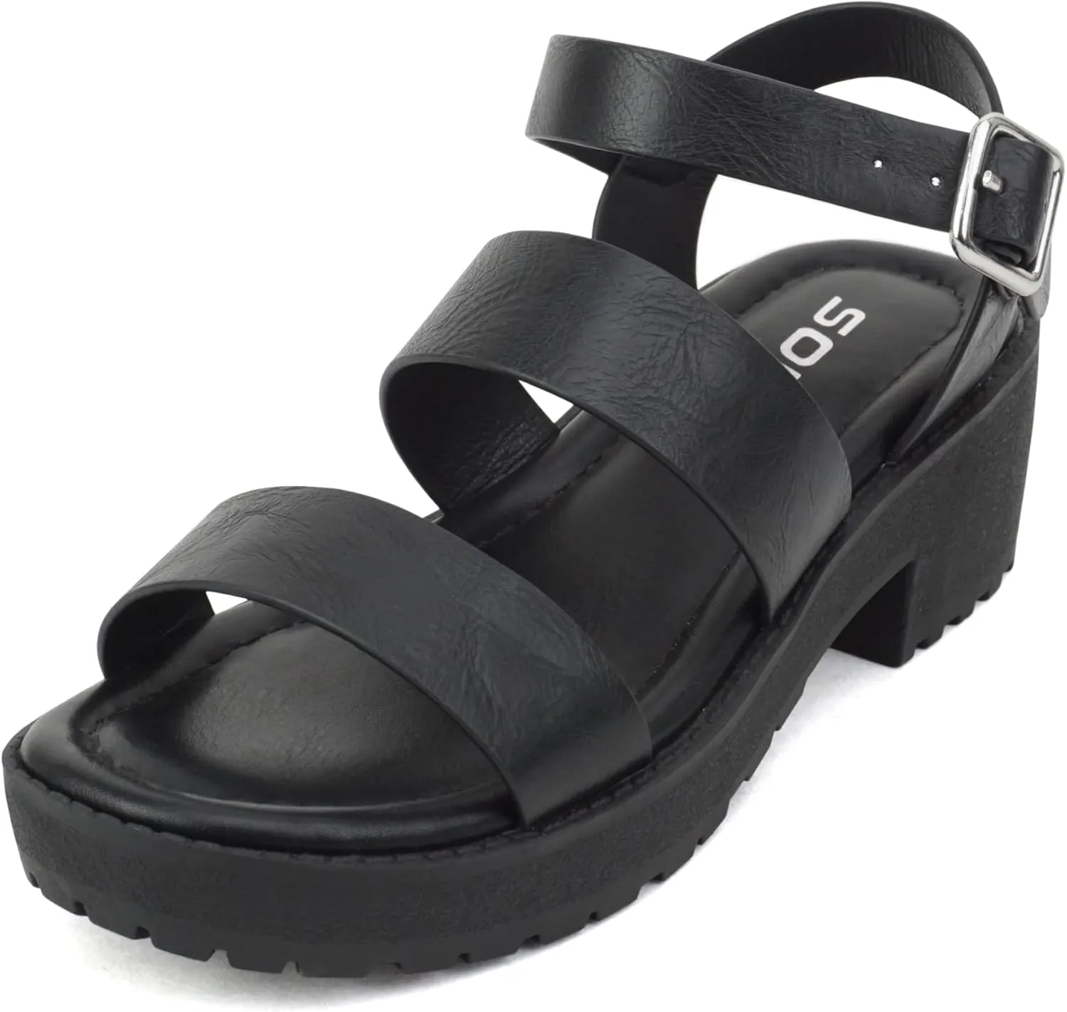 Soda ACCOUNT-2 ~ Little Kids/Children/Girls Open Toe Two Bands Lug sole Fashion Block Heel Sandals with Adjustable Ankle Strap