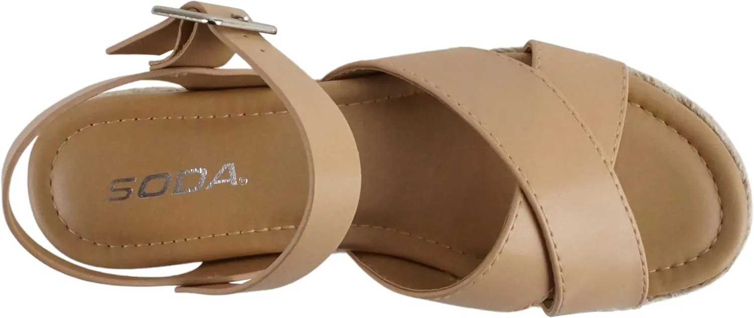 Soda “FIRELY” ~ Women Round Toe Crisscross Band Platform Espadrille Wedge Sandal with Adjustable Ankle Strap