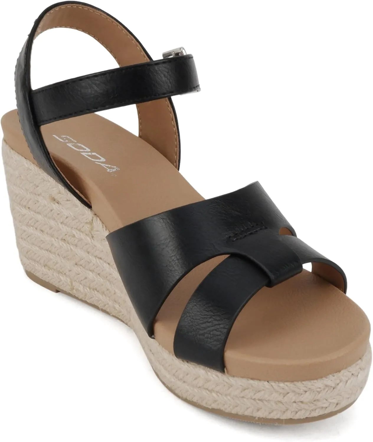 Soda “Front” ~ Women Round Toe Cross Band Low Heel Espadrille Wedge Sandal with Adjustable Ankle Strap