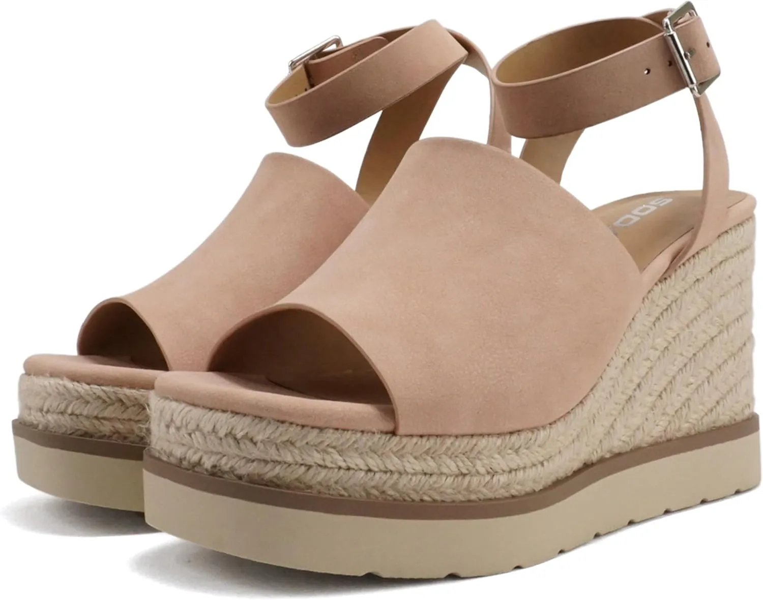 Soda “Stella” ~ Women Square Peep Toe Single Band Platform Espadrille Wedge Sandals with Adjustable Ankle Strap