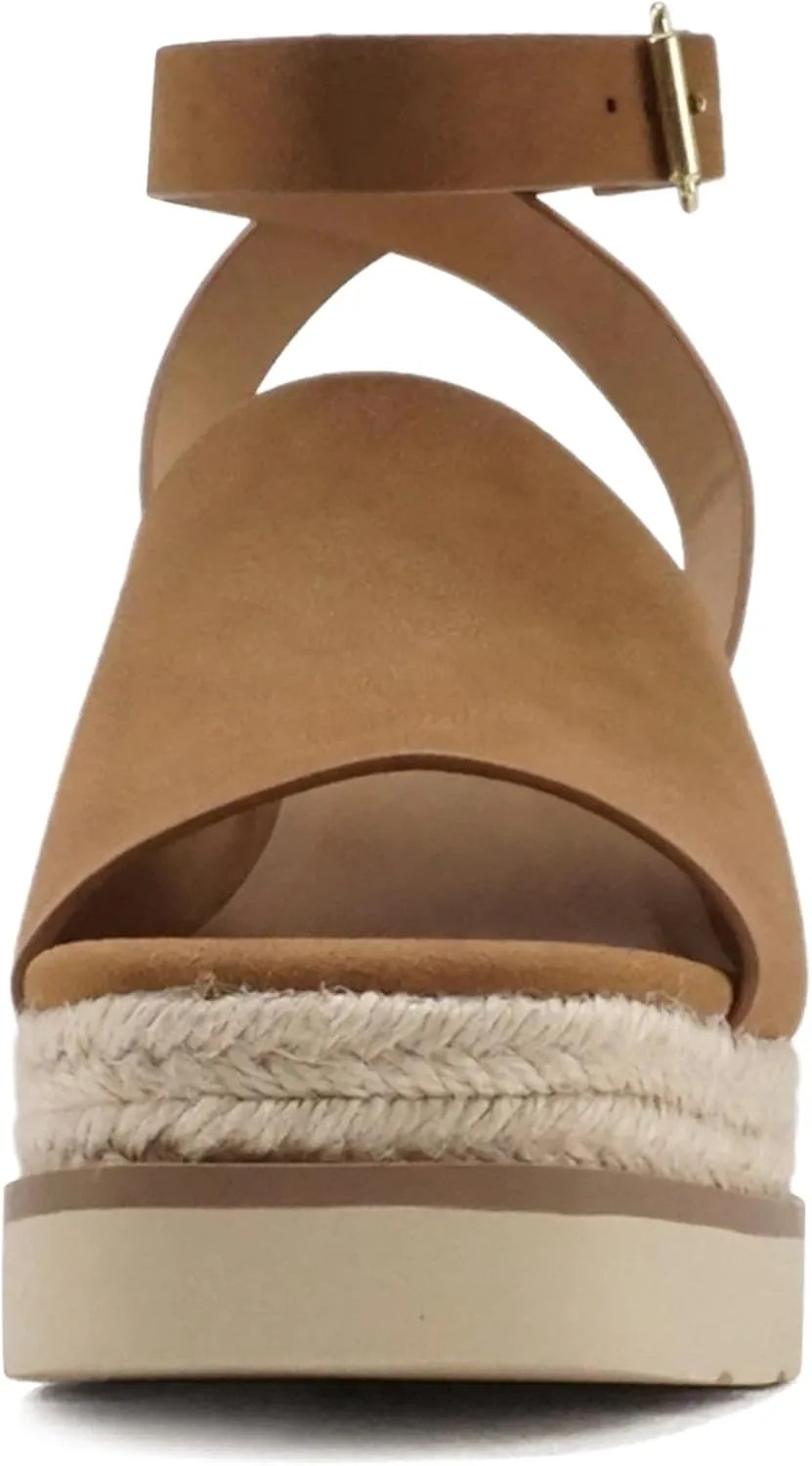 Soda “Stella” ~ Women Square Peep Toe Single Band Platform Espadrille Wedge Sandals with Adjustable Ankle Strap